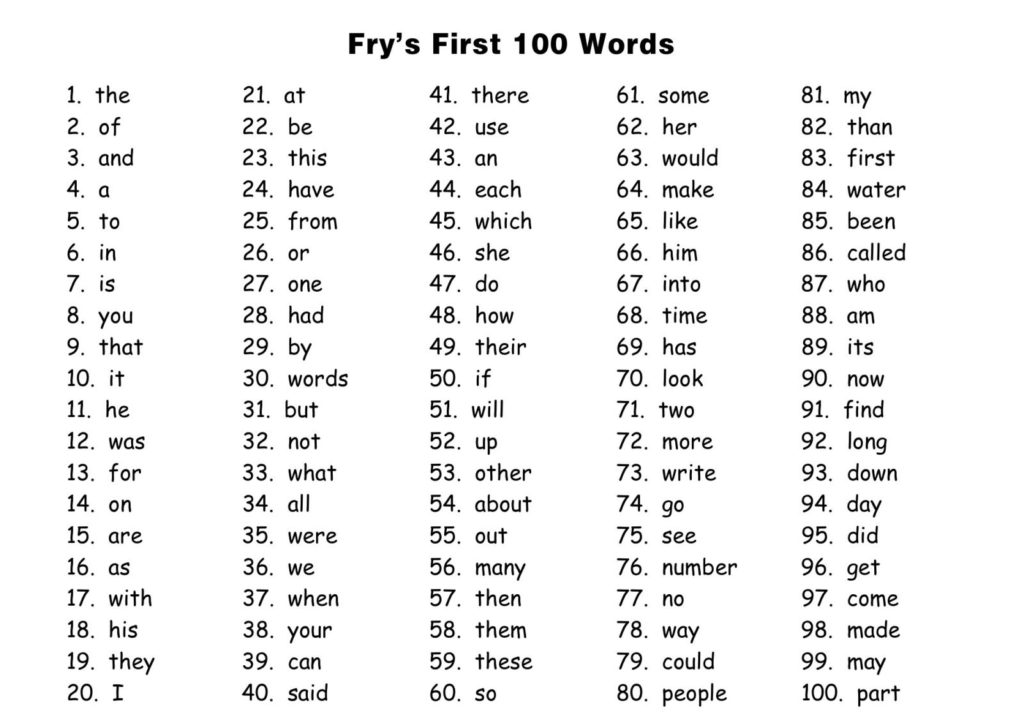 Frys first 100 words